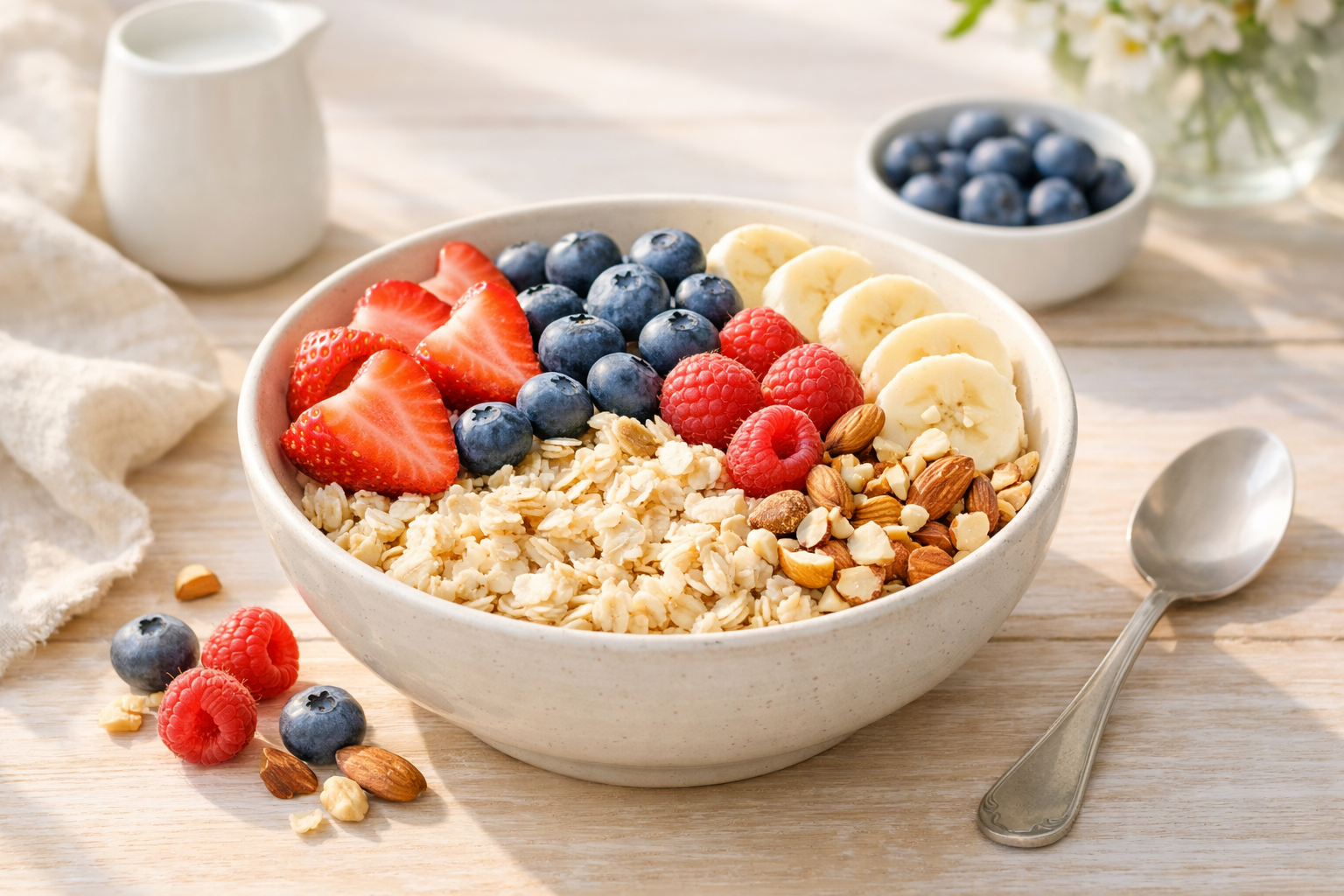 fresh breakfast bowl with oats, berries, banana slices, and nuts on a bright wooden table, natural morning light, healthy lifestyle concept, soft pastel tones